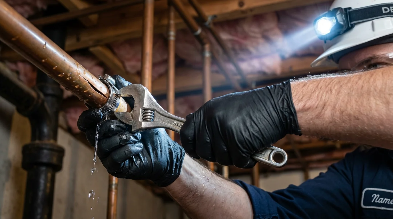 Emergency pipe clamp repair being performed by a Johns Plumbing LLC plumber in Cave City