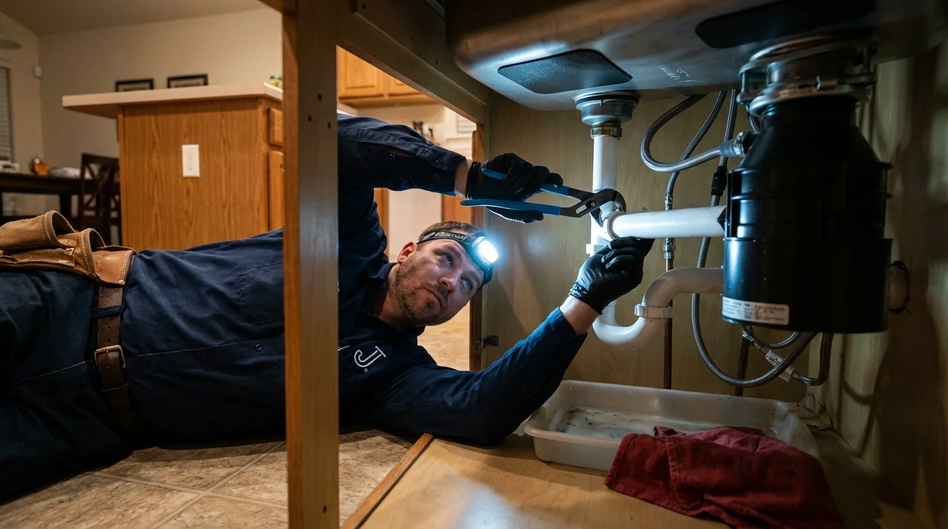 P-trap and supply line connections under a kitchen sink showing a common leak point in Cave City, KY